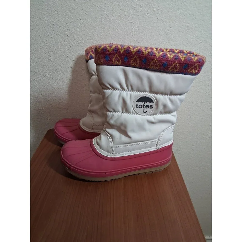 Totes Leather Snow Boots Retro 80s 90s Style Y2K Girls Size 1 Youth Pink White